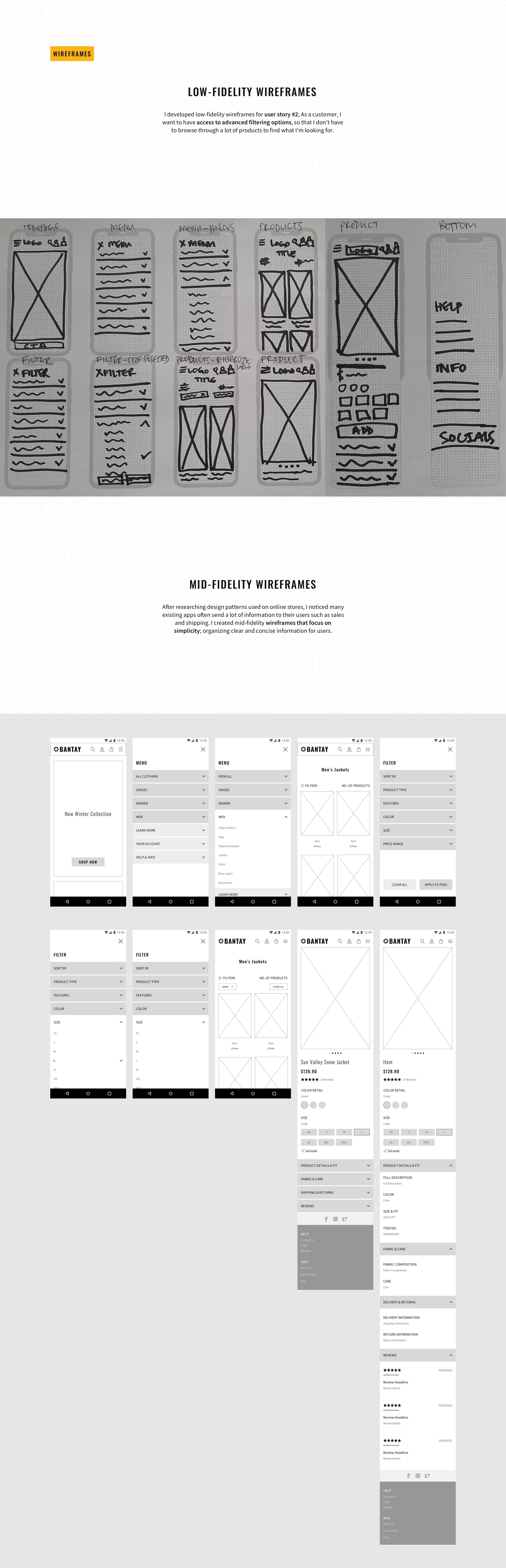 Low-fidelity and mid-fidelity wireframes.