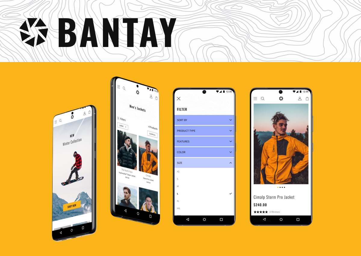 Four smartphone displaying the Bantay app. The home page, men's jacket, filter, and men's jacket product page.