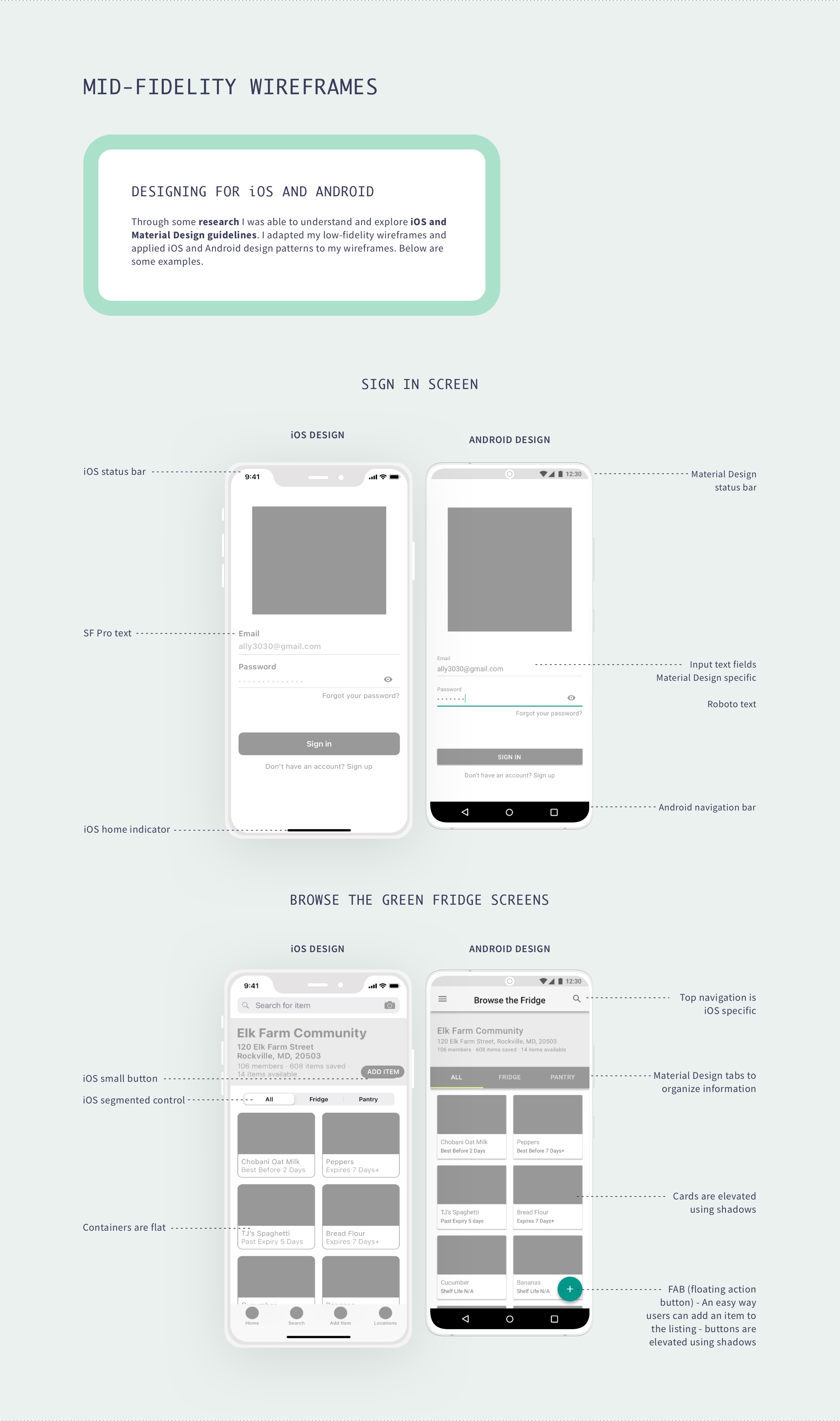 Mid-fidleity wireframes comparing iOS and Android designs.