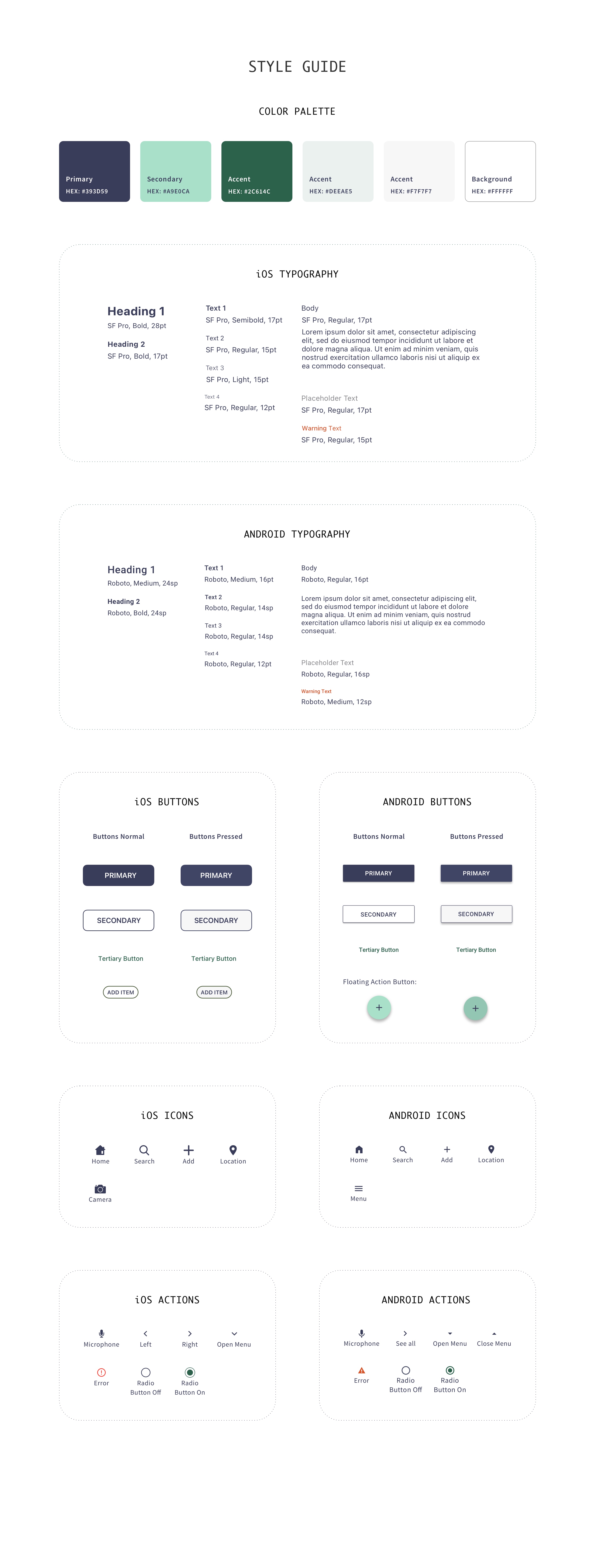 Style guide; color palette, typography, icons, buttons and actions.