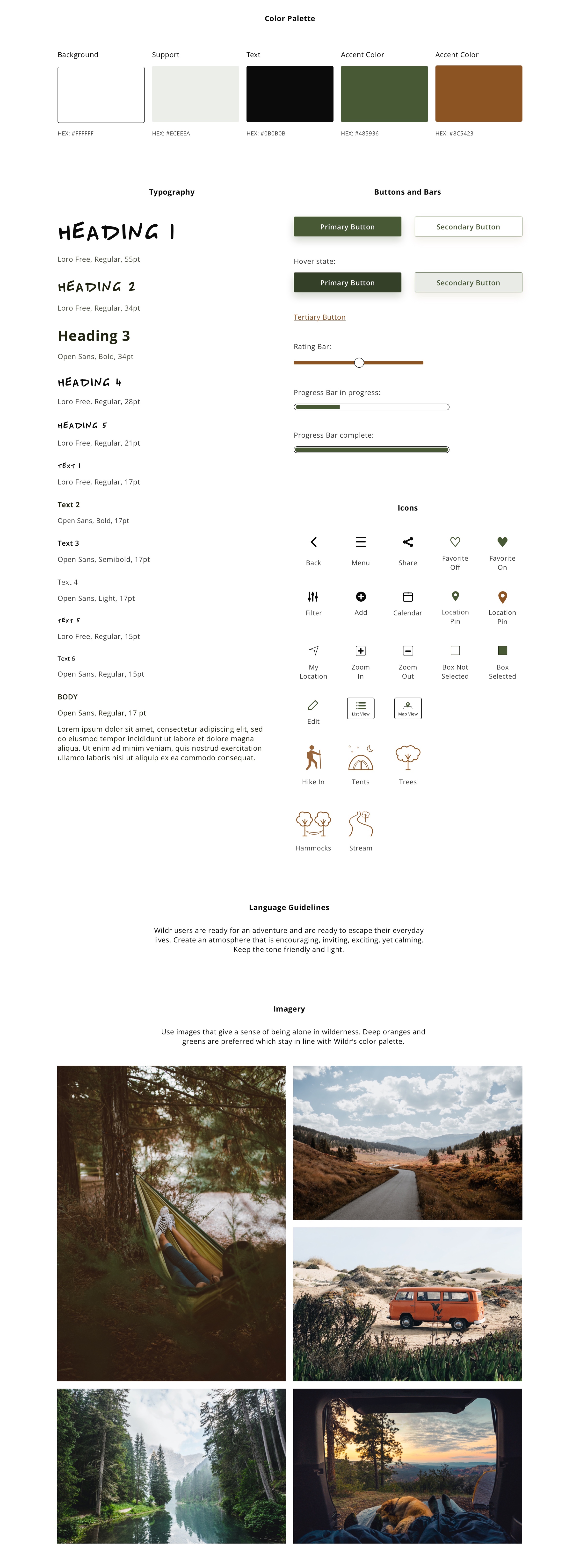 Style Guide showing the color palette, typography, buttons, bars, icons, language guidelines, and imagery