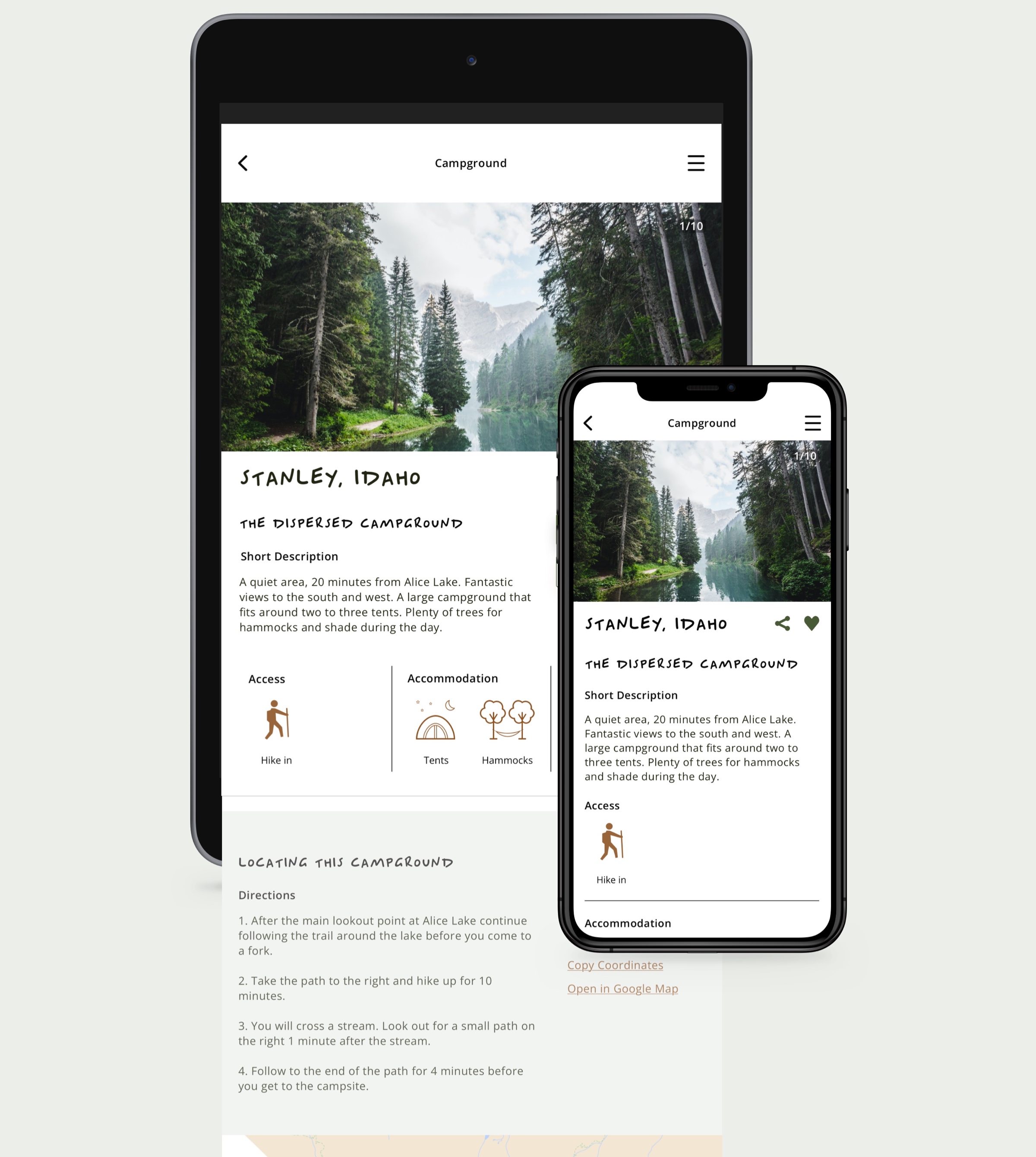 An iPad with an iPhone overlapping it, both displaying the responsive design of a campground page for small and medium devices