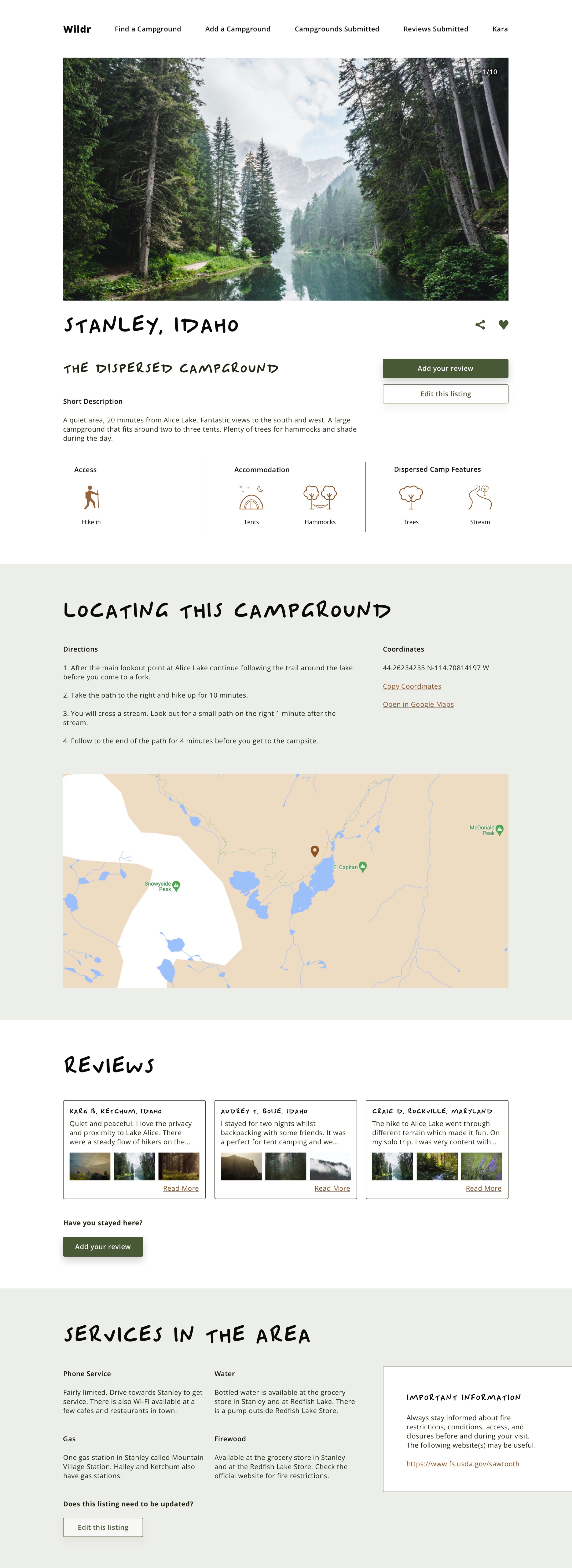 The responsive design of a campground page for large devices