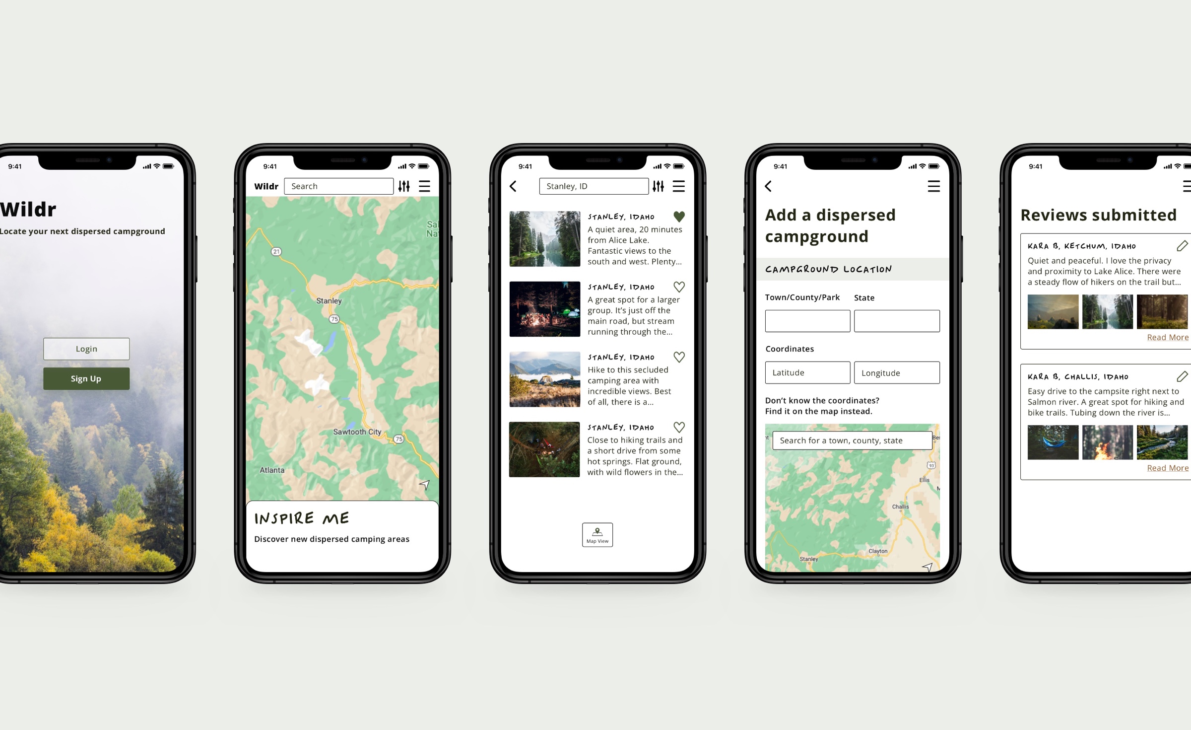 Five ophones showing the final design of the login page, search page, results page, add a dispersed campground page and reviews submitted poage.