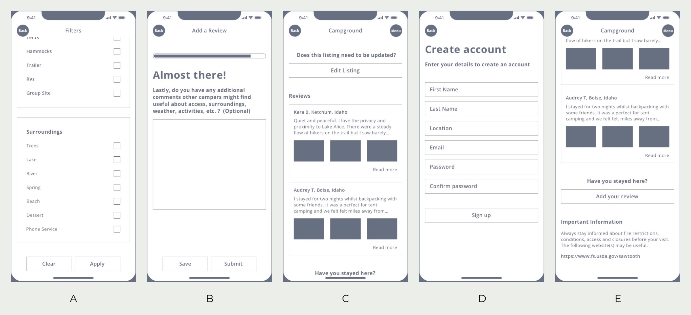 Mid-fidelity Wireframes showing the suggestions from the usability testing applied.