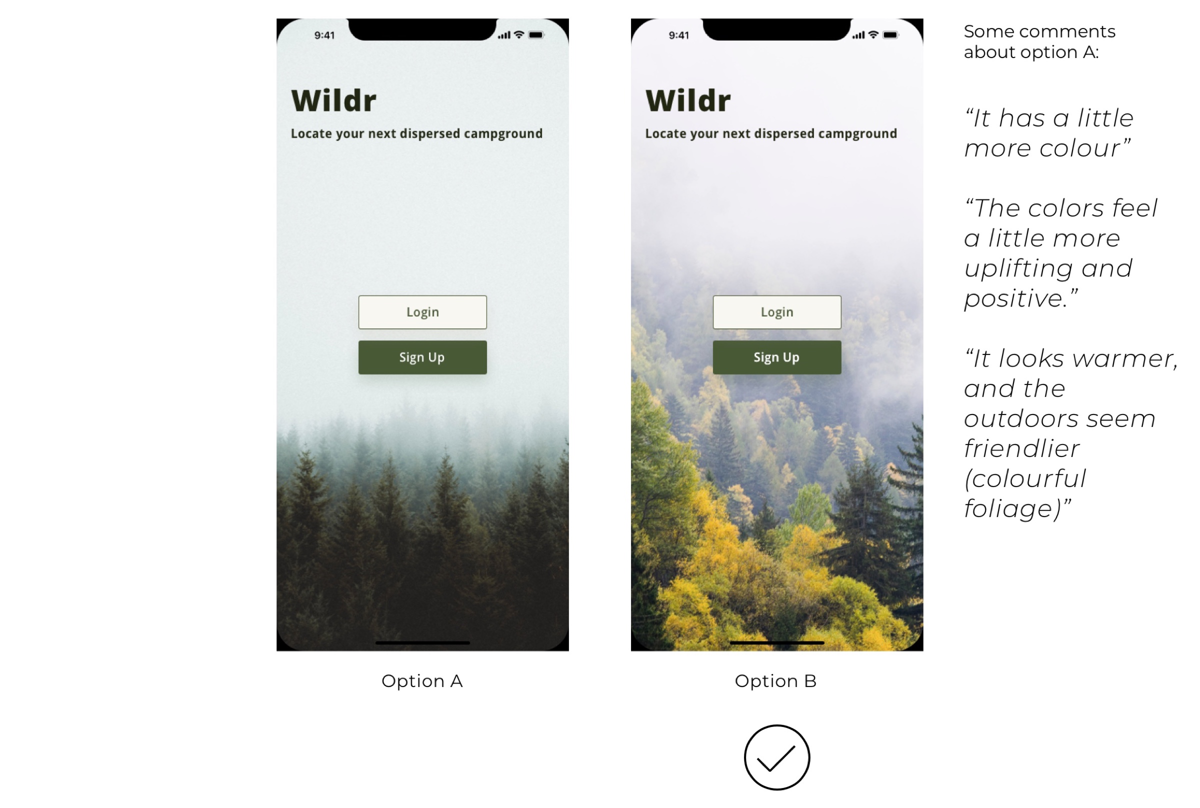 Log in screen designs with different backgrounds. Both have a foggy landscape. Option A has dark green trees and option B has yellow and green trees.